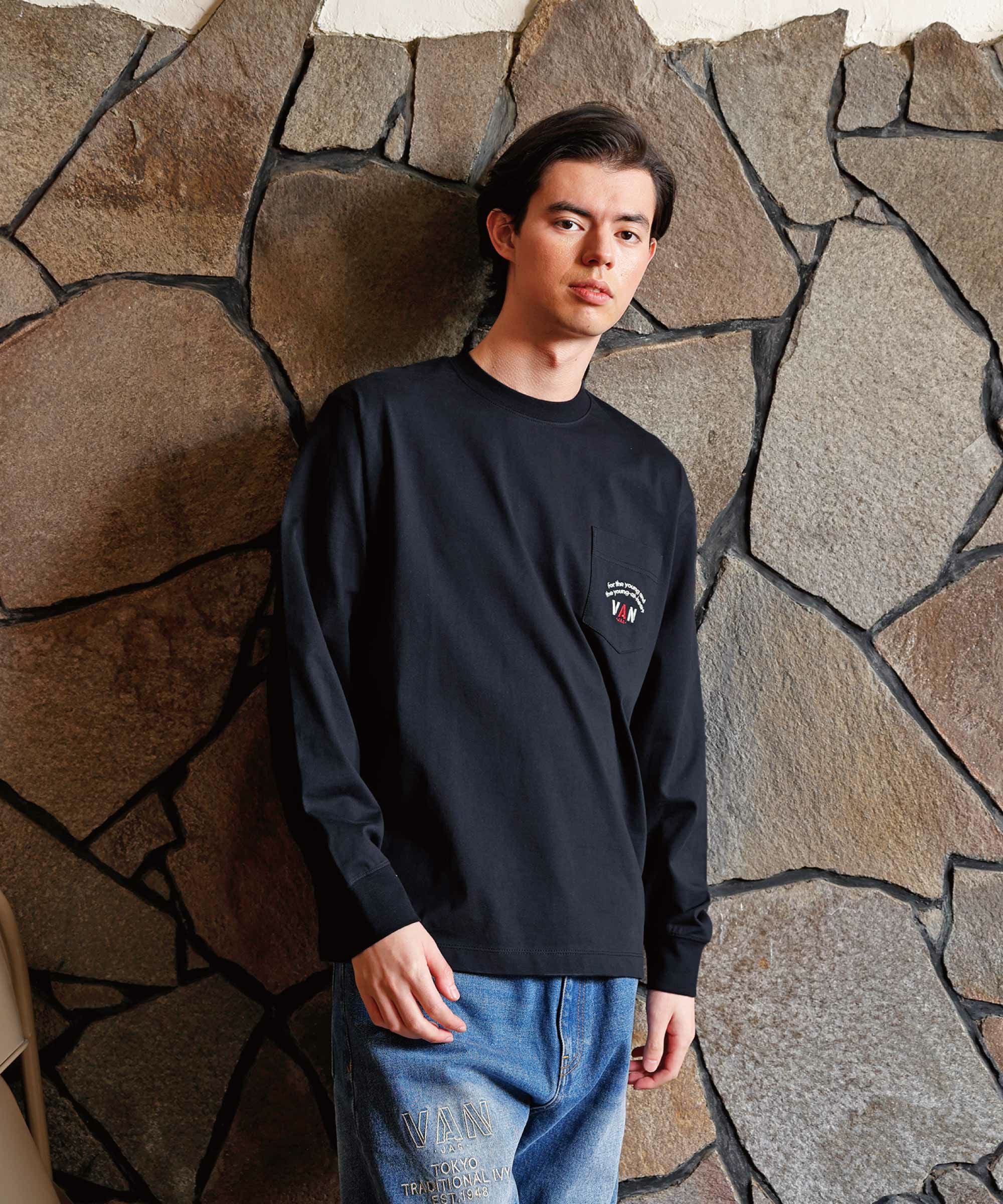 【現行】45R 45RPM 綿100% ロングスリーブT　茶　R刺繍　ポケット ロングスリーブTシャツ＜ワンポイントアーチロゴ刺繍＞ ｜ VAN STORE